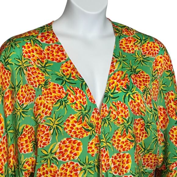 Skies Are Blue Tropical Blouse Large Top Pineapple Print Tie Waist Kimono Sleeve - Picture 4 of 12